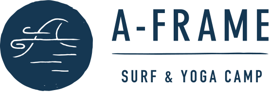 Logo with ocean wave icon and text: A-Frame Surf & Yoga Camp.
