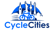 Logo with city landmarks and blue bike, text 'CycleCities' below.