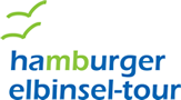 Logo with two green birds and text 'hamburger elbinsel-tour' in blue and green.