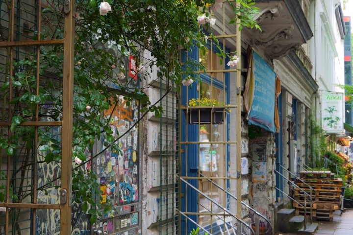 Urban street with flowers and graffiti on walls, narrow pathway.